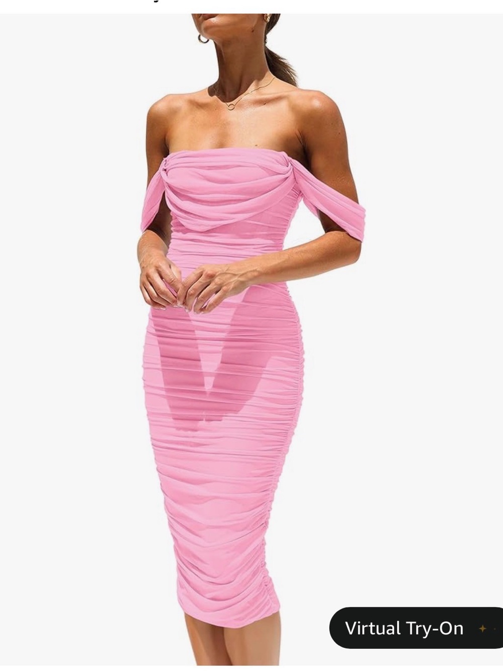 Off-Shoulder Ruched Pink Midi Dress